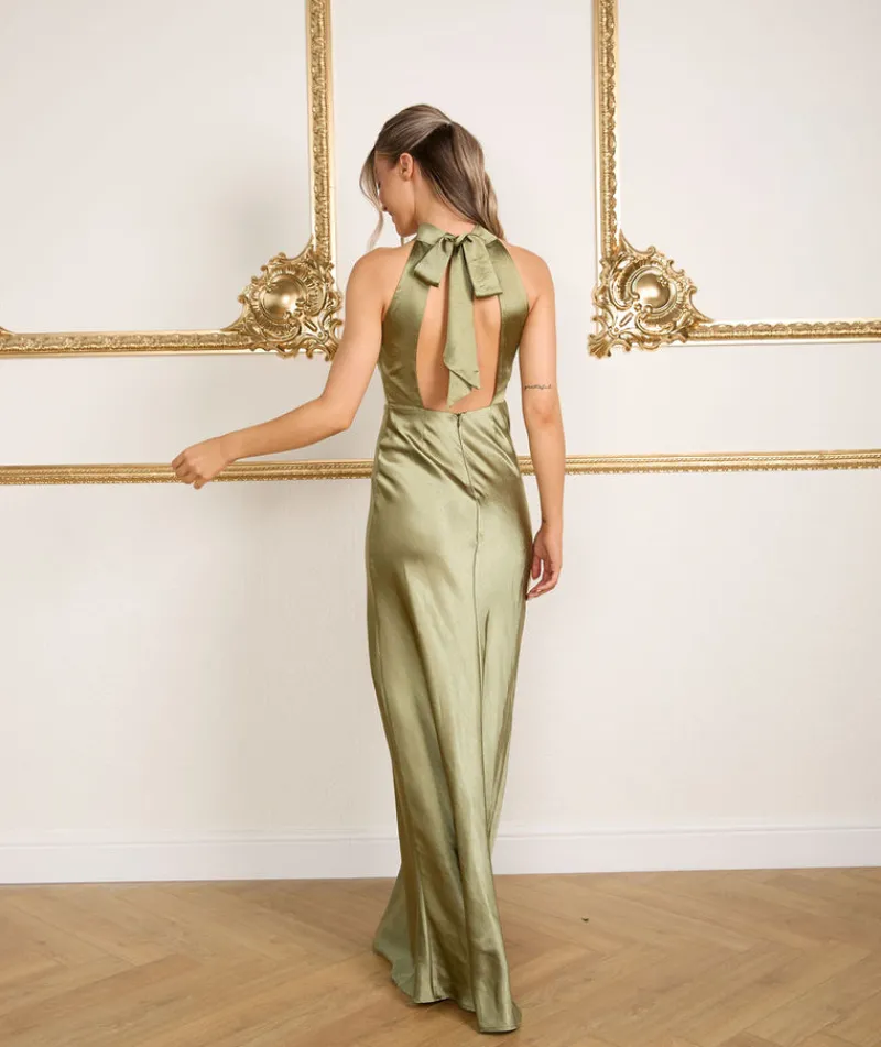 Online Six Stories Halter Neck Satin Bridesmaid Dress - Moss Green