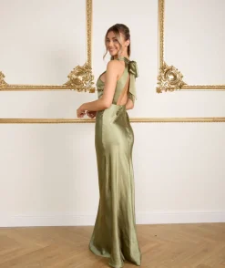 Online Six Stories Halter Neck Satin Bridesmaid Dress - Moss Green