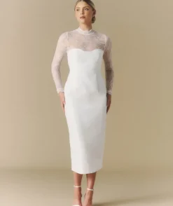 Clearance Six Stories Lace Sleeve Cup Detail Midi Dress - White