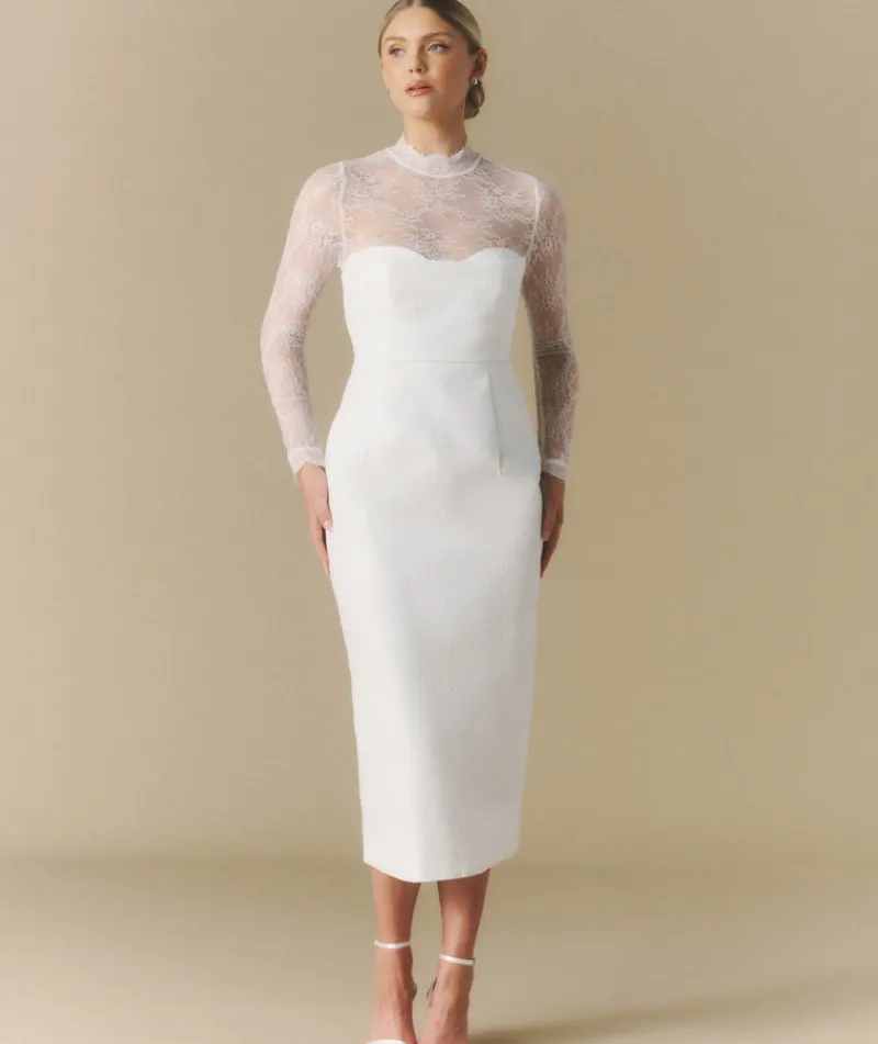 Clearance Six Stories Lace Sleeve Cup Detail Midi Dress - White