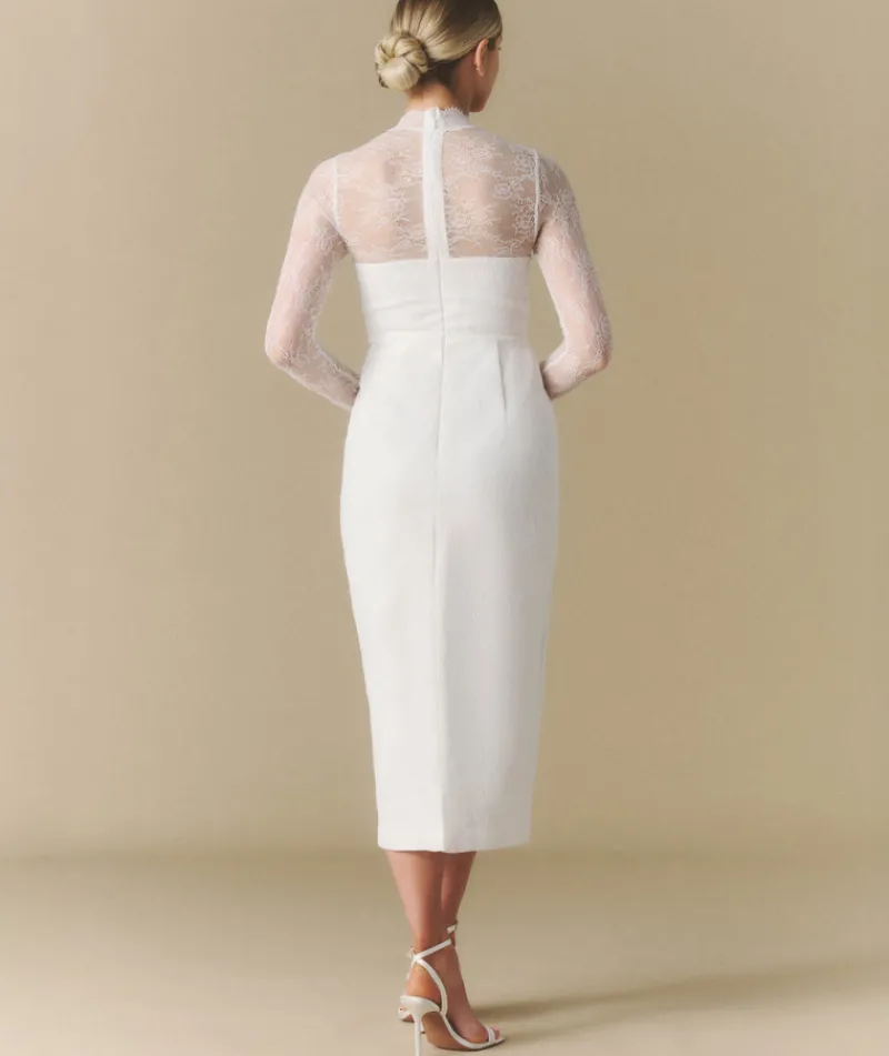 Clearance Six Stories Lace Sleeve Cup Detail Midi Dress - White