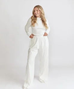 Sale Six Stories Long Sleeve Pointelle Pyjama Top & Wide Leg Trouser Pyjama Set - Coconut