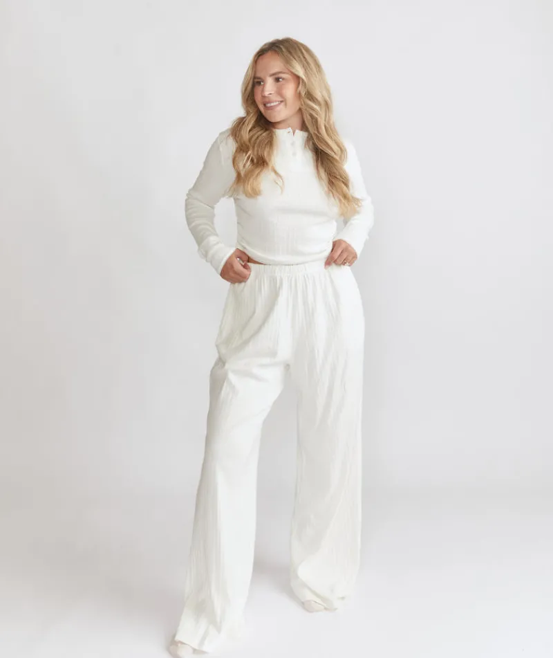 Sale Six Stories Long Sleeve Pointelle Pyjama Top & Wide Leg Trouser Pyjama Set - Coconut
