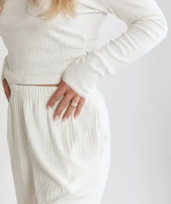 Sale Six Stories Long Sleeve Pointelle Pyjama Top & Wide Leg Trouser Pyjama Set - Coconut