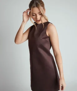 Sale Six Stories Mini Shift Bow Satin Dress - Chocolate Brown