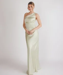 Online Six Stories One Shoulder Gathered Satin Bridesmaid Dress - Pear Green
