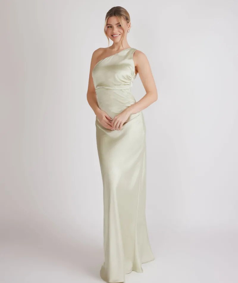 Online Six Stories One Shoulder Gathered Satin Bridesmaid Dress - Pear Green