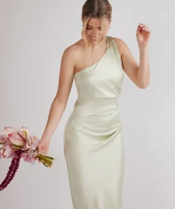 Online Six Stories One Shoulder Gathered Satin Bridesmaid Dress - Pear Green