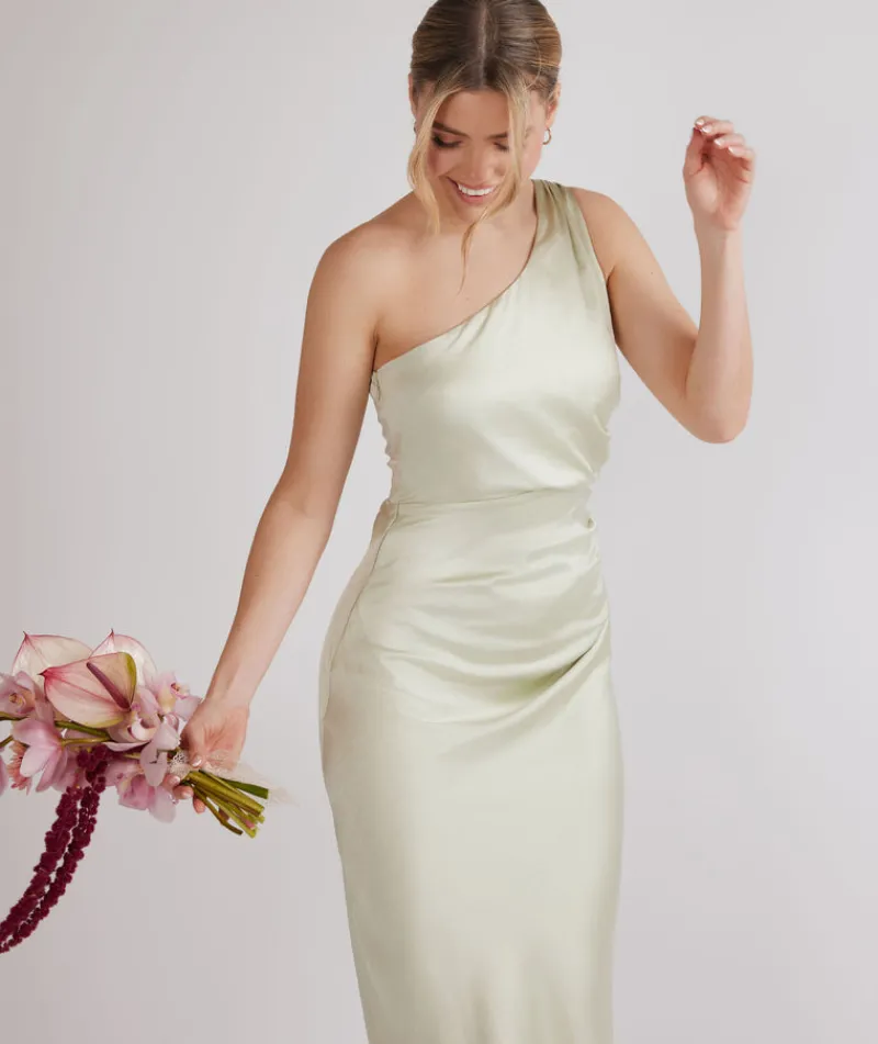 Online Six Stories One Shoulder Gathered Satin Bridesmaid Dress - Pear Green