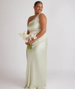 Online Six Stories One Shoulder Gathered Satin Bridesmaid Dress - Pear Green