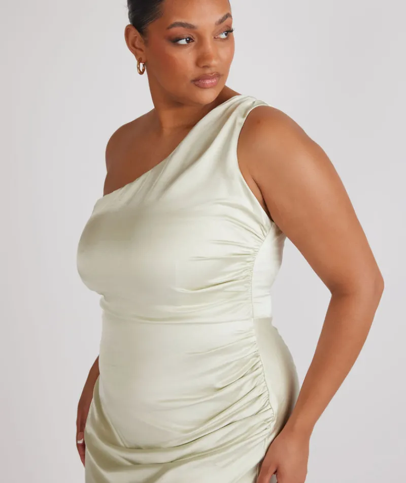 Online Six Stories One Shoulder Gathered Satin Bridesmaid Dress - Pear Green