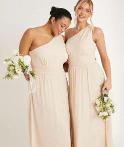 Clearance Six Stories One Shoulder Pleated Waist Chiffon Bridesmaid Dress - Butter Cream