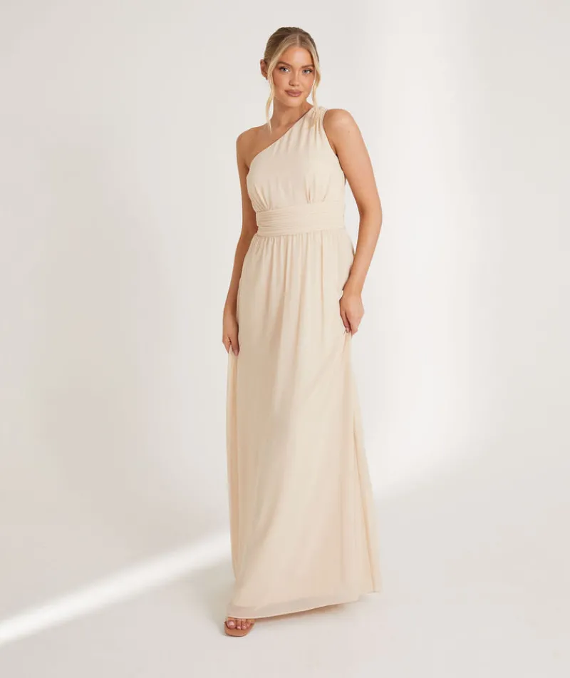 Clearance Six Stories One Shoulder Pleated Waist Chiffon Bridesmaid Dress - Butter Cream