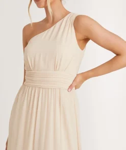 Clearance Six Stories One Shoulder Pleated Waist Chiffon Bridesmaid Dress - Butter Cream