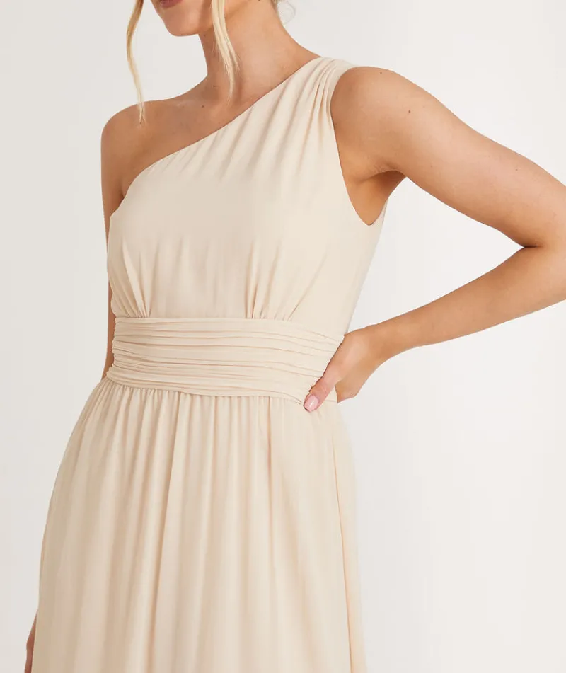 Clearance Six Stories One Shoulder Pleated Waist Chiffon Bridesmaid Dress - Butter Cream