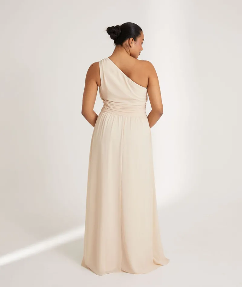 Clearance Six Stories One Shoulder Pleated Waist Chiffon Bridesmaid Dress - Butter Cream