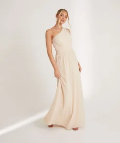 Clearance Six Stories One Shoulder Pleated Waist Chiffon Bridesmaid Dress - Butter Cream