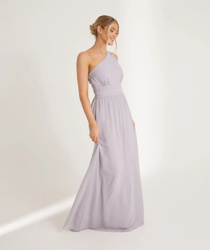 Online Six Stories One Shoulder Pleated Waist Chiffon Bridesmaid Dress - Dusty Lilac
