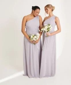 Online Six Stories One Shoulder Pleated Waist Chiffon Bridesmaid Dress - Dusty Lilac