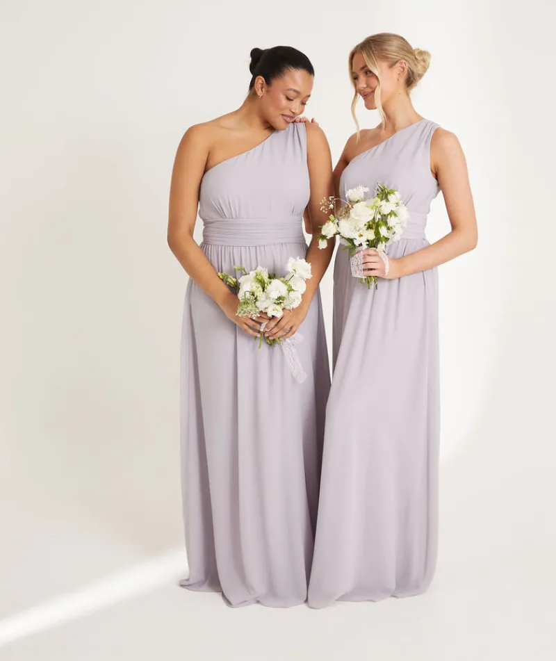 Online Six Stories One Shoulder Pleated Waist Chiffon Bridesmaid Dress - Dusty Lilac