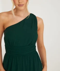 Discount Six Stories One Shoulder Pleated Waist Chiffon Bridesmaid Dress - Emerald