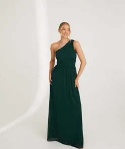 Discount Six Stories One Shoulder Pleated Waist Chiffon Bridesmaid Dress - Emerald