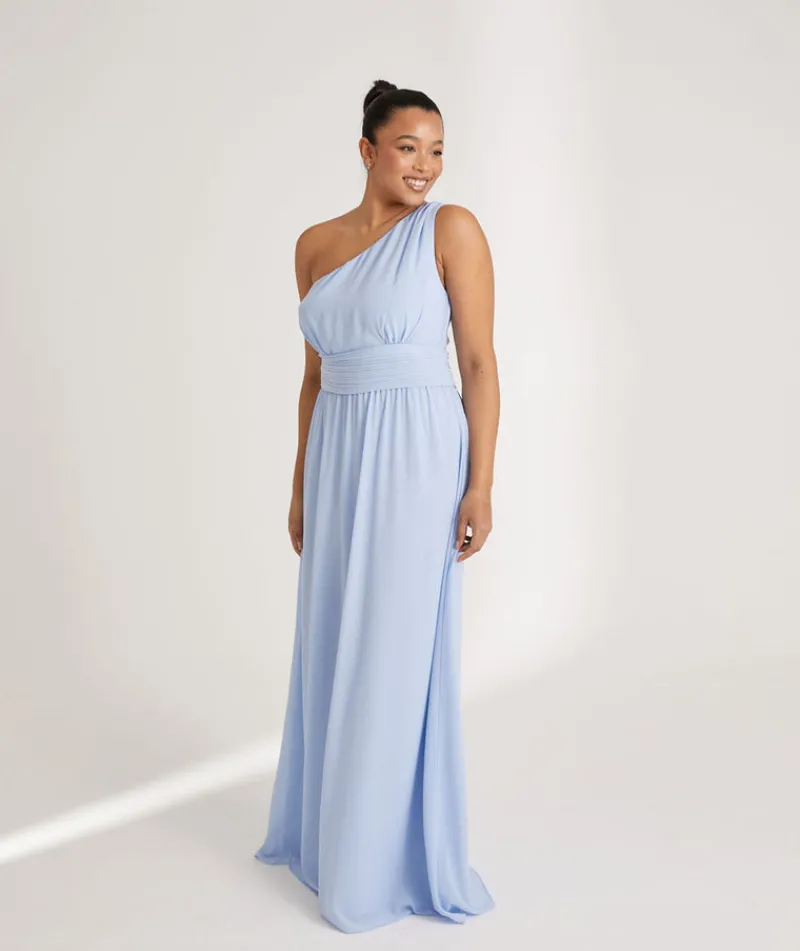 Clearance Six Stories One Shoulder Pleated Waist Chiffon Bridesmaid Dress - Cornflower Blue
