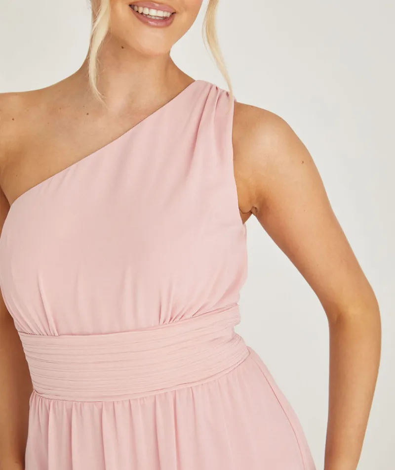 Outlet Six Stories One Shoulder Pleated Waist Chiffon Bridesmaid Dress - Peony Pink