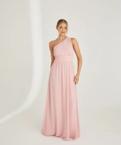 Outlet Six Stories One Shoulder Pleated Waist Chiffon Bridesmaid Dress - Peony Pink