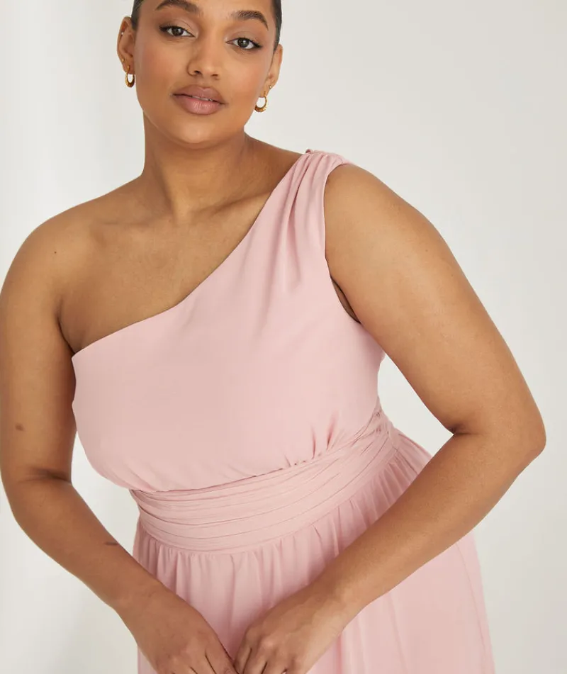 Outlet Six Stories One Shoulder Pleated Waist Chiffon Bridesmaid Dress - Peony Pink