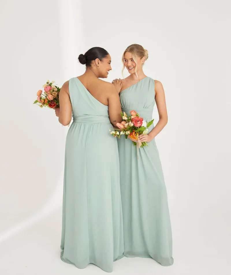 New Six Stories One Shoulder Pleated Waist Chiffon Bridesmaid Dress - Sage