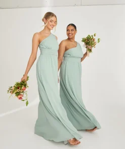 New Six Stories One Shoulder Pleated Waist Chiffon Bridesmaid Dress - Sage