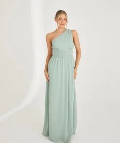 New Six Stories One Shoulder Pleated Waist Chiffon Bridesmaid Dress - Sage