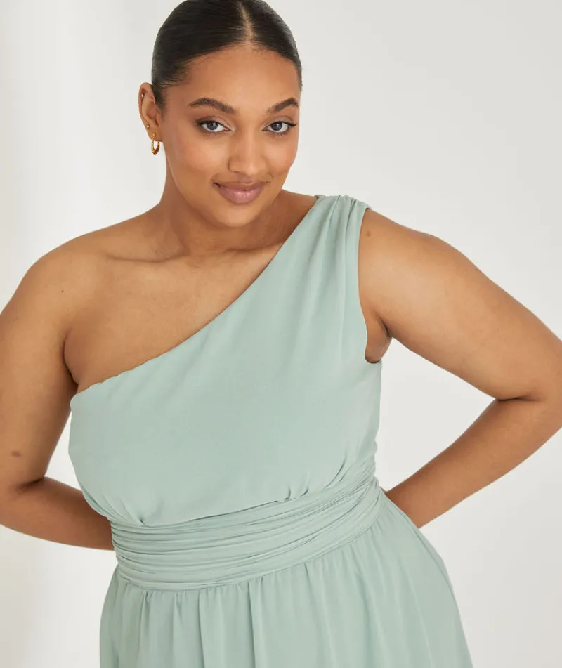New Six Stories One Shoulder Pleated Waist Chiffon Bridesmaid Dress - Sage