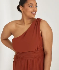 Six Stories One Shoulder Pleated Waist Chiffon Bridesmaid Dress - Rust