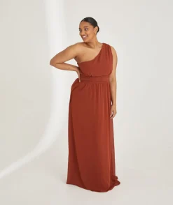 Six Stories One Shoulder Pleated Waist Chiffon Bridesmaid Dress - Rust
