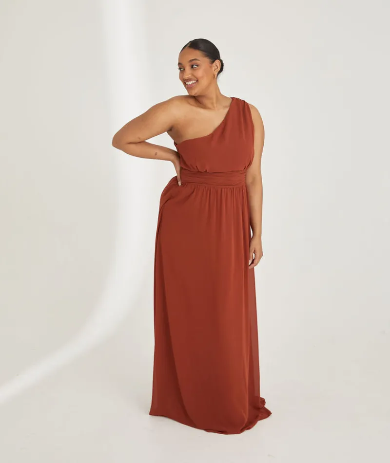 Six Stories One Shoulder Pleated Waist Chiffon Bridesmaid Dress - Rust