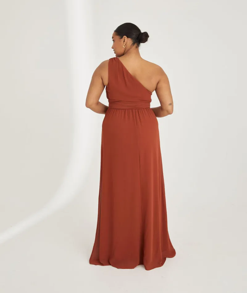 Six Stories One Shoulder Pleated Waist Chiffon Bridesmaid Dress - Rust