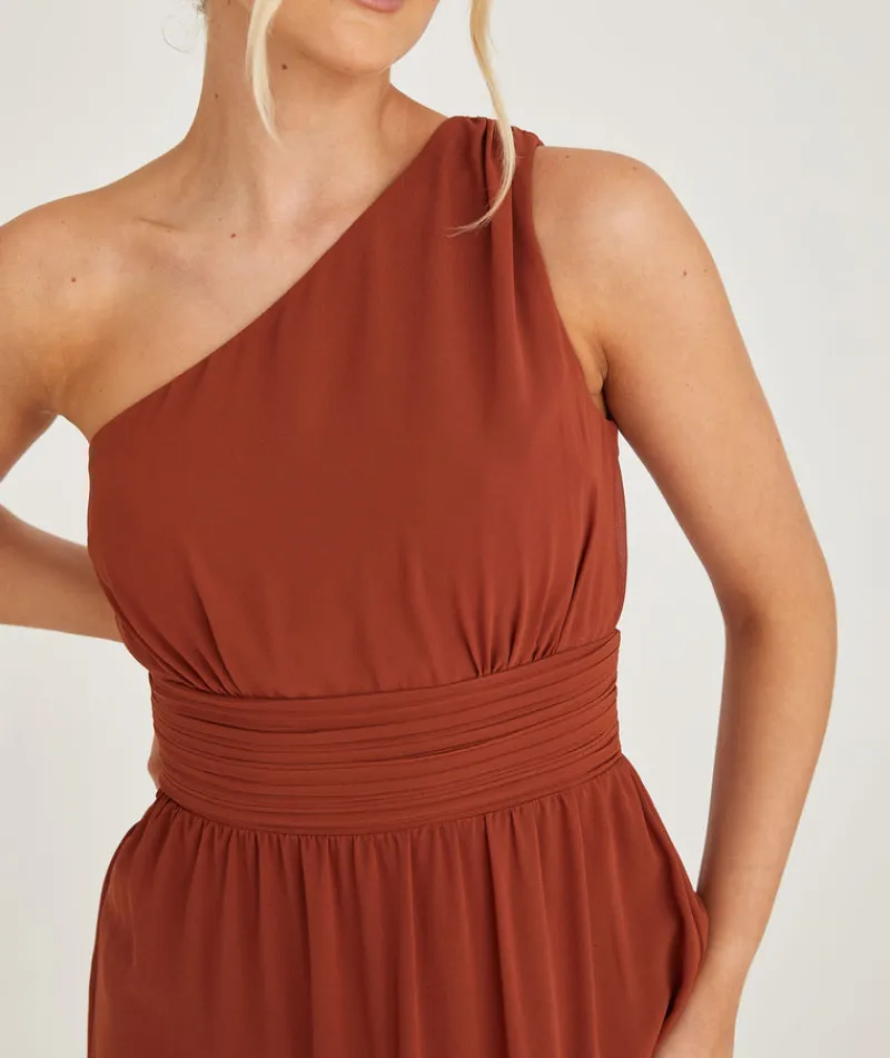 Six Stories One Shoulder Pleated Waist Chiffon Bridesmaid Dress - Rust