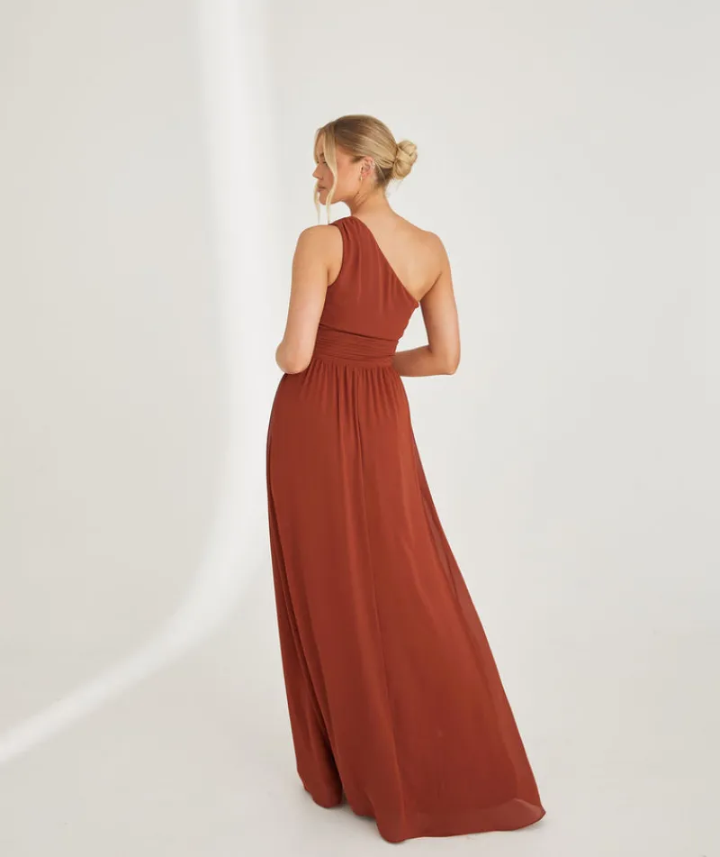 Six Stories One Shoulder Pleated Waist Chiffon Bridesmaid Dress - Rust