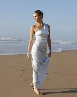 Sale Six Stories One Shoulder Ruched Satin Bridesmaid Dress - Ice Blue