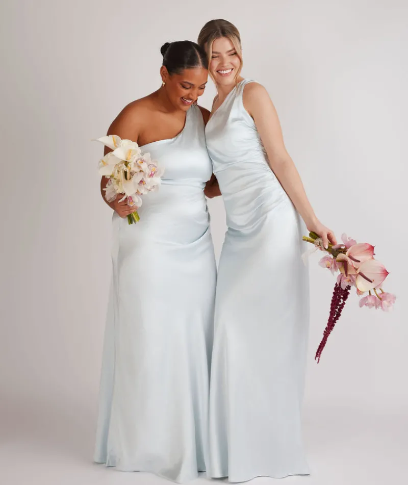 Sale Six Stories One Shoulder Ruched Satin Bridesmaid Dress - Ice Blue