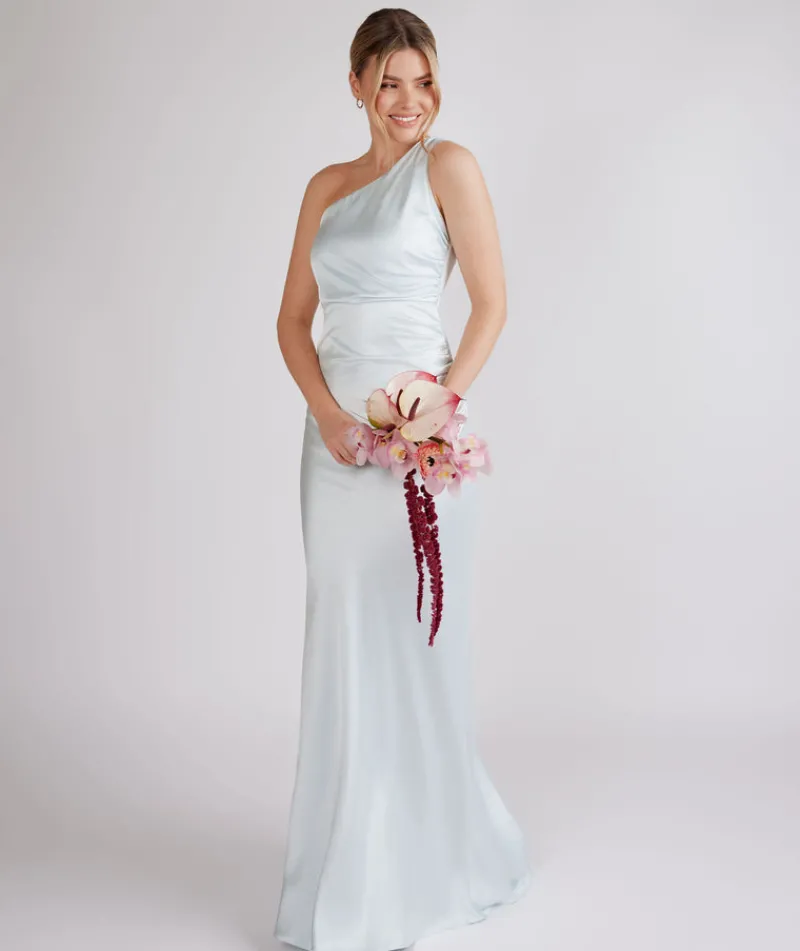 Sale Six Stories One Shoulder Ruched Satin Bridesmaid Dress - Ice Blue