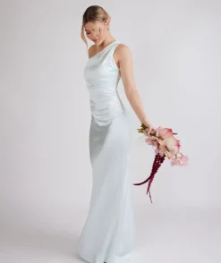 Sale Six Stories One Shoulder Ruched Satin Bridesmaid Dress - Ice Blue