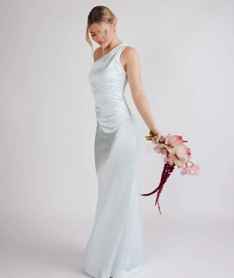 Sale Six Stories One Shoulder Ruched Satin Bridesmaid Dress - Ice Blue