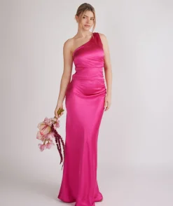 Sale Six Stories One Shoulder Ruched Satin Bridesmaid Dress - Fuchsia Pink