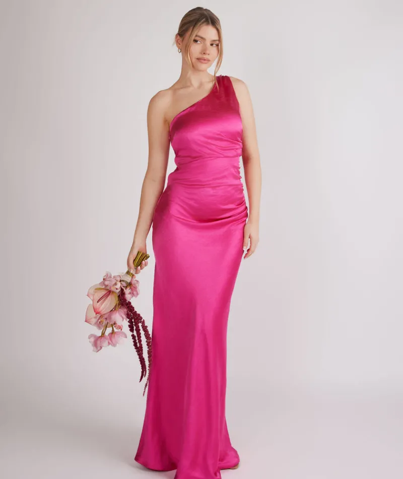 Sale Six Stories One Shoulder Ruched Satin Bridesmaid Dress - Fuchsia Pink