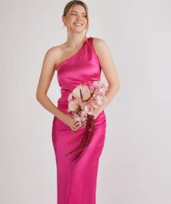 Sale Six Stories One Shoulder Ruched Satin Bridesmaid Dress - Fuchsia Pink