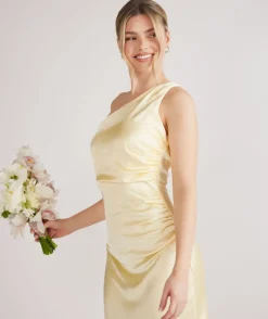 Discount Six Stories One Shoulder Ruched Satin Bridesmaid Dress - Butter Lemon