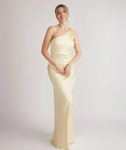 Discount Six Stories One Shoulder Ruched Satin Bridesmaid Dress - Butter Lemon